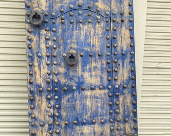 Vintage blue moroccan door handmade exterior interior riad bedroom door with metal knocker and umberella nail heads