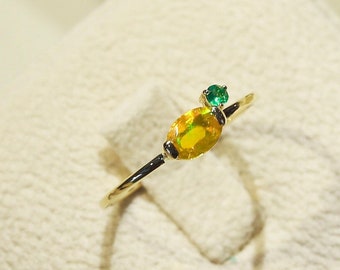 Genuine Fire Opal Emerald Horizontal Stone Ring 14K Solid Yellow Gold Ring, Minimalist Orange Opal Ring