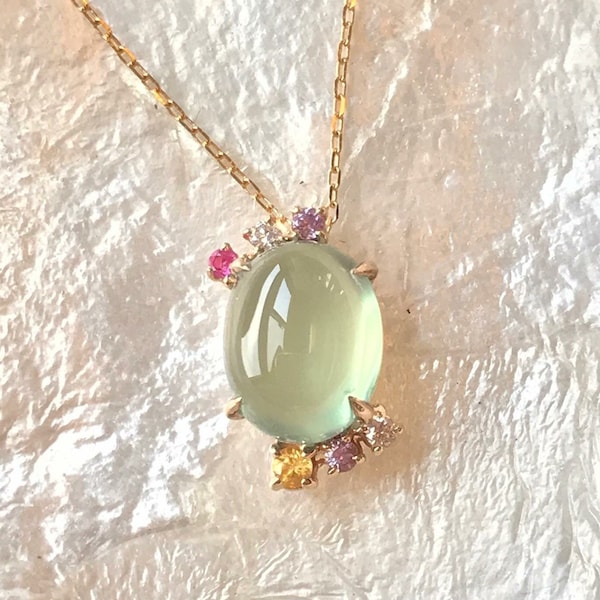 Natural Prehnite Necklace, Handmade 18k Solid Yellow Gold Necklace, Purple Sapphire, Yellow Sapphire, Pink Sapphire, Anniversary Gift Idea