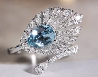 Palm Leaf Design Aquamarine Pear Shape Ring, PT950 White Diamonds Free Form Ring, Cluster Wedding Ring,