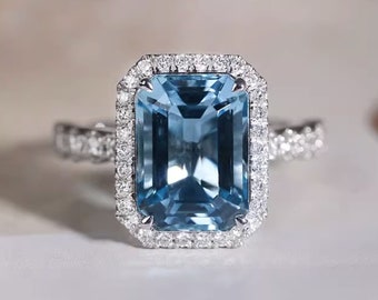 Halo Design 4.7Ct Aquamarine Diamond Ring, PT950 White Gold Halo Ring, Classic Desgin Wedding Ring