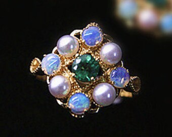 Natural Emerald with Opal Pearl Ring, 18k Solid Yellow Gold Engagement Emerald Ring, Cluster Mutil Gemstone Ring