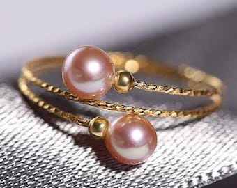 5A+ Natural Pink Pearl 4-5mm Handmade 18K  Yellow Gold Pink Pearl Ring, Seawater Pearl,  Open Ring, Gift Idea, Band Ring