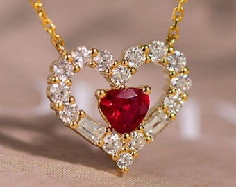 Pegion Blood Ruby Love Shape Necklace, Natural Diamonds 18K Gold Necklace, Valentine’s Day Jewelry Gift Idea for Her