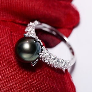 Natural Tahitian Pearl Ring 925 Silver Pearl Ring, Black Pearl Ring, Valentine's Day Gift Idea for Her, Seawater Pearl, Granulation Ring