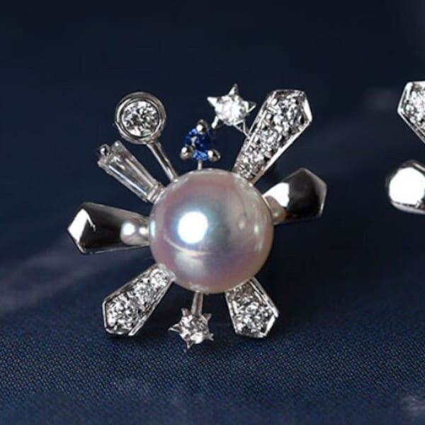 Star Radial Design Akoya Pearl Earrings, 18K Solid White Gold Diamonds Earrings, White Diamonds Stud Earrings