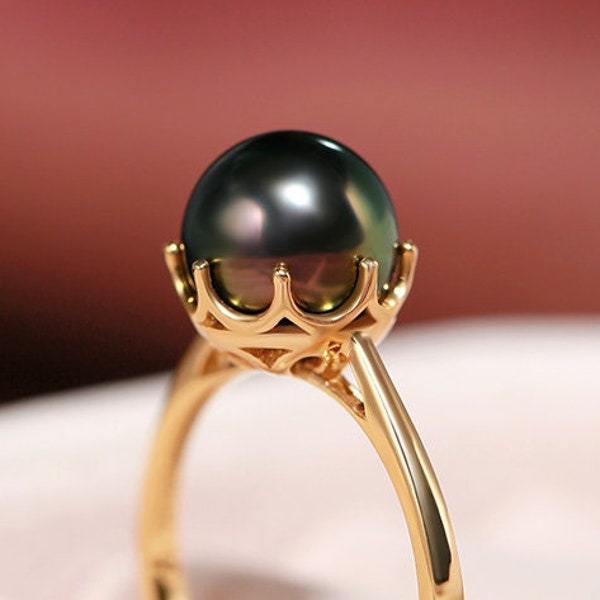 5A+ Natural Tahitian Pearl 18k Ring, 18k Solid Yellow Gold Pearl Ring, Black Pearl Ring, Valentine's Day Gift Idea for Her, Seawater Pearl