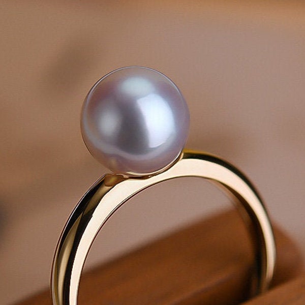 18K Gold Akoya Pearl Ring, 18K Solid Yellow Gold Ring, Natural Seawater Pearl Ring, Anniversary Gift Idea, White Pink Pearl Ring