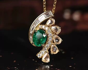 18k Colombia Emerald & Diamonds Pear Rose Cut necklace, Greem Gemstone Necklace, Natural Emerald Diamonds Necklace, Art Deco Jewelry Gift