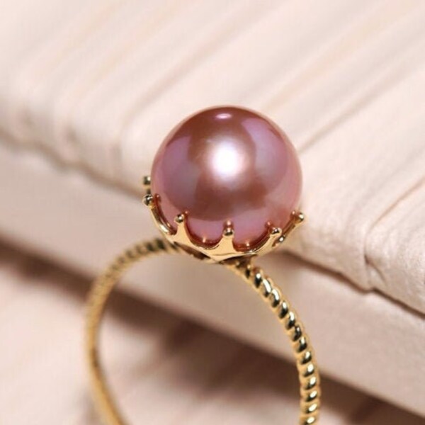 11mm Natural High Luster Pink Purple Pearl Ring 18k Solid Yellow Gold Pearl Ring, Pink Pearl Ring, Gift Idea, Freshwater Pearl