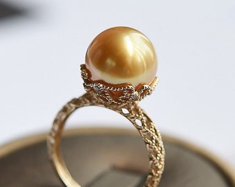 11mm natuurlijke gouden Zuidzee Parel Ring 18K Solid Gold Golden Pearl Ring, Lace Ring, Cadeau voor haar, Zeewater Parel, Granulatie Ring