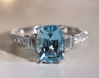 Satna Maria Aquamarine Cushion Modified Ring, PT950 White Gold Art Deco Ring, White Diamonds Wedding Ring,