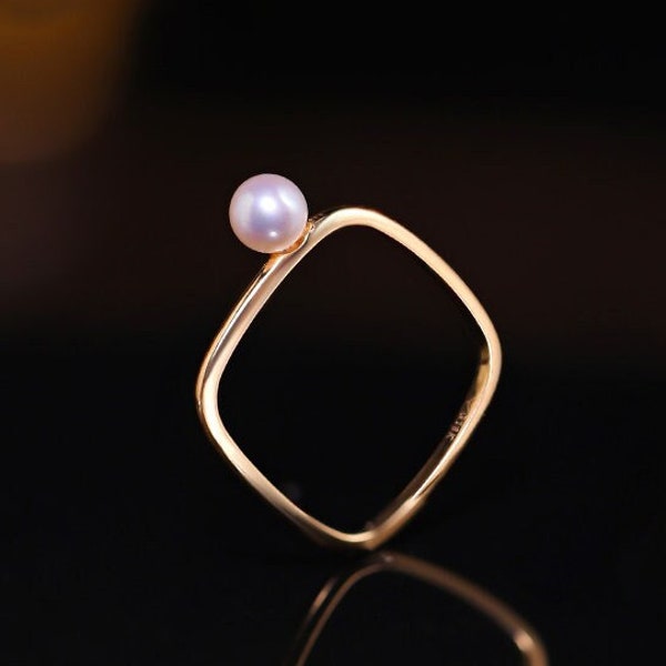 5mm Natural High Luster White Pearl 18K Solid Yellow Gold White Pearl Ring, Gift Idea, Freshwater White Pearl, Pearl Beaded Ring