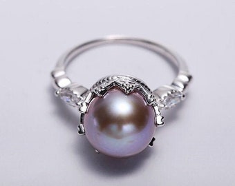 5A+ Natural Pink Purple Pearl & Moissanite 925 Silver Pearl Ring, Purple Pearl Ring, Gift Idea Freshwater Pearl Cluster Ring