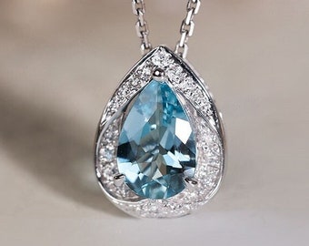 Art Deco Aquamarine Diamond Necklace, Platinum 950 Minimalist Necklace