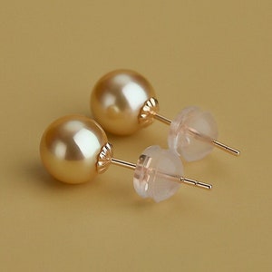 Superior Natural Golden South Sea Pearl 18K Solid Champagne Gold Golden Pearl Earring, Gift for Her, Seawater Pearl