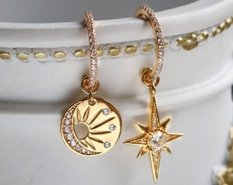 Pendientes Zodiaco Estrella y Luna, Pendientes Vermeil chapados en oro de 18K hechos a mano, Conjunto de joyería de flores, Idea de regalo de aniversario, Joyería fina