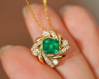 Vortex Design 18k Gold Emerald Necklace with White Diamonds Necklace, Art Deco Retro Emerald Necklace