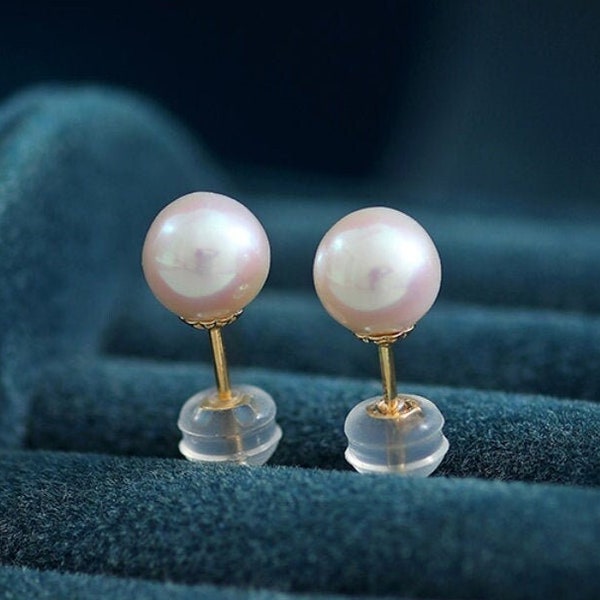 5A+ Natural High Luster White Pink Pearl Earrings, 18k Solid Yellow Gold Akoya Pearl Stud Earrings, Anniversary Gift Idea for Her