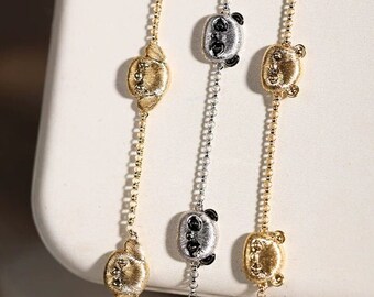 Cute Doggy and Panda Carved 18K Solid Gold Diamonds Bracelet, Animal Idea Bracelet Gift Idea