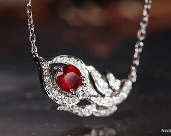 Natural Myanmar Ruby 18k White Gold Necklace, Natural White Necklace, Twig Design Necklace, Flower Plant Shape Necklace