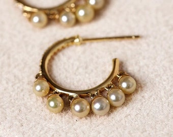 18K Laser Gold Ball Earring with Akoya Champagne Golden Pearl Earring, Valentine's Day Pearl Jewelry Gift Idea for Her