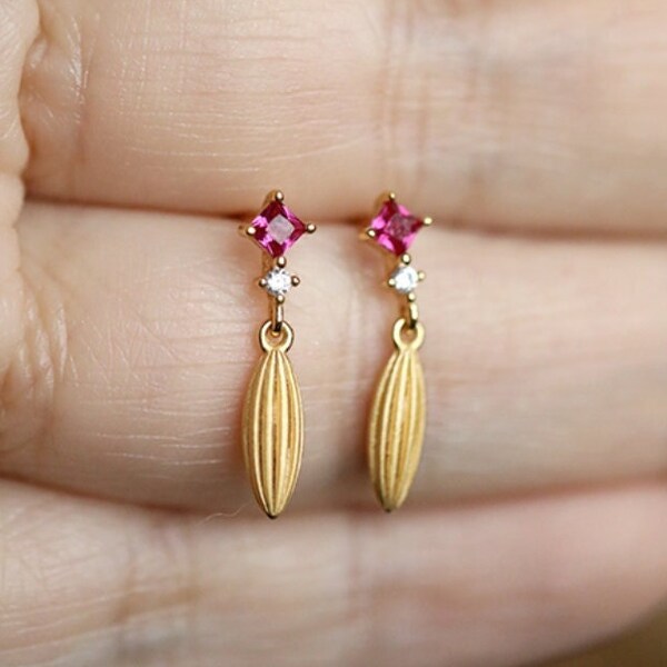 Natural Ruby & White Diamond Earrings Handmade 18K Solid Yellow Gold Wheat Earrings, Gift for Her, Anniversary Gift Idea, Retro Fine Jewelry