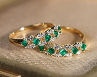 Art Deco Emerald & Diamond 18k Yellow Gold Ring, Free Form Emerald Ring, Green Gemstone Jewelry Gift Idea
