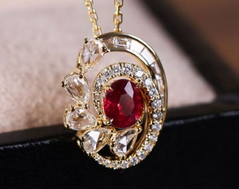 Pegion Blood Ruby & Diamonds 18k Necklace, Red Gemstone Necklace, Natural Ruby Diamonds Necklace, Art Deco Style Necklace