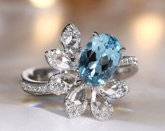 Cluster Supeier Aquamarine Diamond PT950 Ring, Galaxy Star Desgin, Aquamarine Engagement Ring