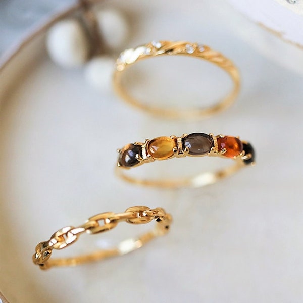 Natural Garnet Citrine Amethyst Ring Set, Handmade 18K Solid Yellow Gold Ring, Multi Stone Ring, for Her, Anniversary Gift Idea, Retro Ring