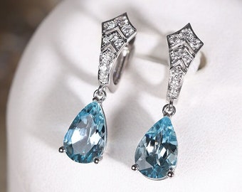 Art Deco Design Aquamarine Drop PT950 Earrings, White Diamonds Elegant Style Earrings, Rhombus Shape Earring, Gift Idea for Wife