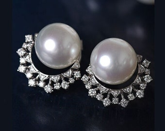 Huge Australian South Sea White Pearl 18k Earrings, Cluster White Diamonds Earrings, 18K Solid White Gold Earrings, Seawater White Pearls