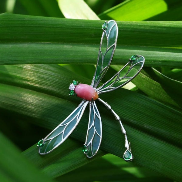 Dragonfly 2.26Ct Queen Conch Pearl Brooch (Customize), 18k Solid White Gold Brooch, Conch Pearl, Insect Inspire Jewelry, Pink Pearl Brooch