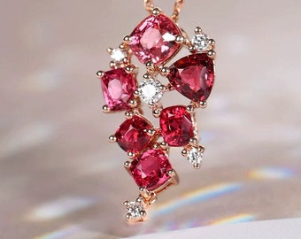 Superier Spinel & Diamonds 18k Rose Gold Necklace, Red Gemstone Cluster Necklace, Natural Myanmar Spinel Diamonds Necklace