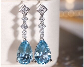 Cluster 3Carat+ Aquamarine Drop PT950 Earrings, Victoria Style White Diamonds Earrings, Aquamarine Wedding Earring