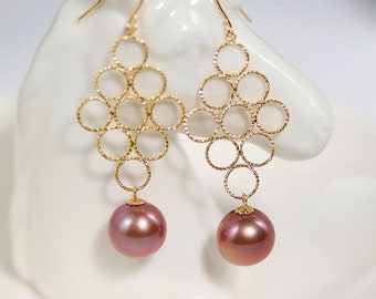 High Luster Purple Pink Tone Pearl Earrings, 18k Yellow Gold Pearl Earrings, Grape Idea Earrings, Fruit Idea Jewelry
