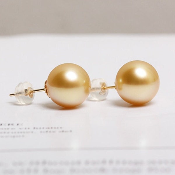 5A+ Natural Golden South Sea Pearl Earrings, 18K Solid Champagne Gold Golden Pearl Earring, Gift for Her, Seawater Pearl, Anniversary Gift