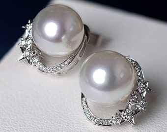 Star Diamonds Cluster Design Australia Pearls Earrings, 18K Solid White Gold Earring, Natural White Diamonds Earring, Wedding Pearls Earring