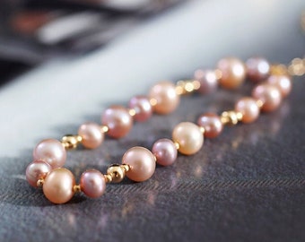 Mixed Colors Pearl 14k Gold Filled Beaded Pearl Bracelets, Natural Nude Colors Pearl Bracelets