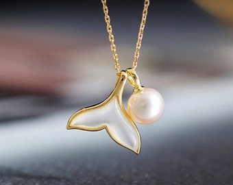 8mm Natural High Luster Pearl & Mother of Pearl Handmade 18K Gold Plated Vermeil Necklace, Dolphin Fin Necklace, Ocean Lover, Gift Idea