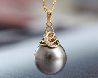 Oval Tahitian Black Pearl Necklace, 18K Solid Yellow Gold Spiral Necklace, Silver Baroque Pearl Necklace