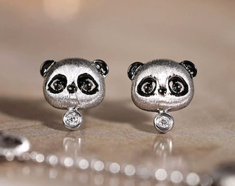 Dainty Panda Carved 18K Solid Gold Diamonds Earring Bracelet, Animal Idea Jewerly Gift Idea