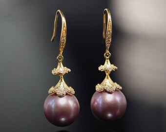 Pendientes de perlas púrpuras rosas naturales de alto brillo de 11-12 mm Pendientes tallados vermeil chapados en oro de 18 k, pendientes de perlas Edison, idea de regalo para mamá