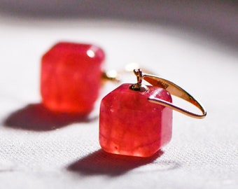 5A+ Natural Rhodochrosite Drop Earring, Handmade 18k Solid Gold Cube Earrings, Anniversary Wedding Gift Idea, Gift for Mom