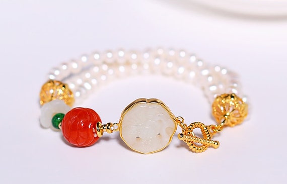 Buy Natural Jade Nephrite & White Pearl Bracelet, 18k Gold Plated Vermeil Jade  Bracelet, Multi Pearl Bracelet Online in India - Etsy