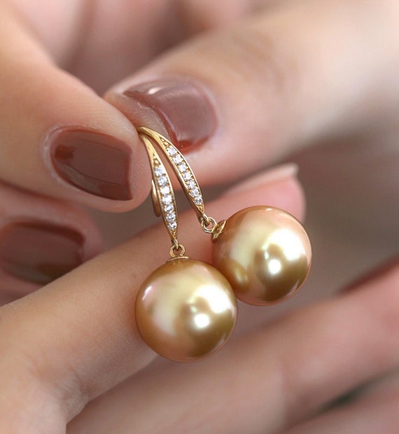 12mm Natural Golden South Sea Pearl Earrings 18K Solid - Etsy ...