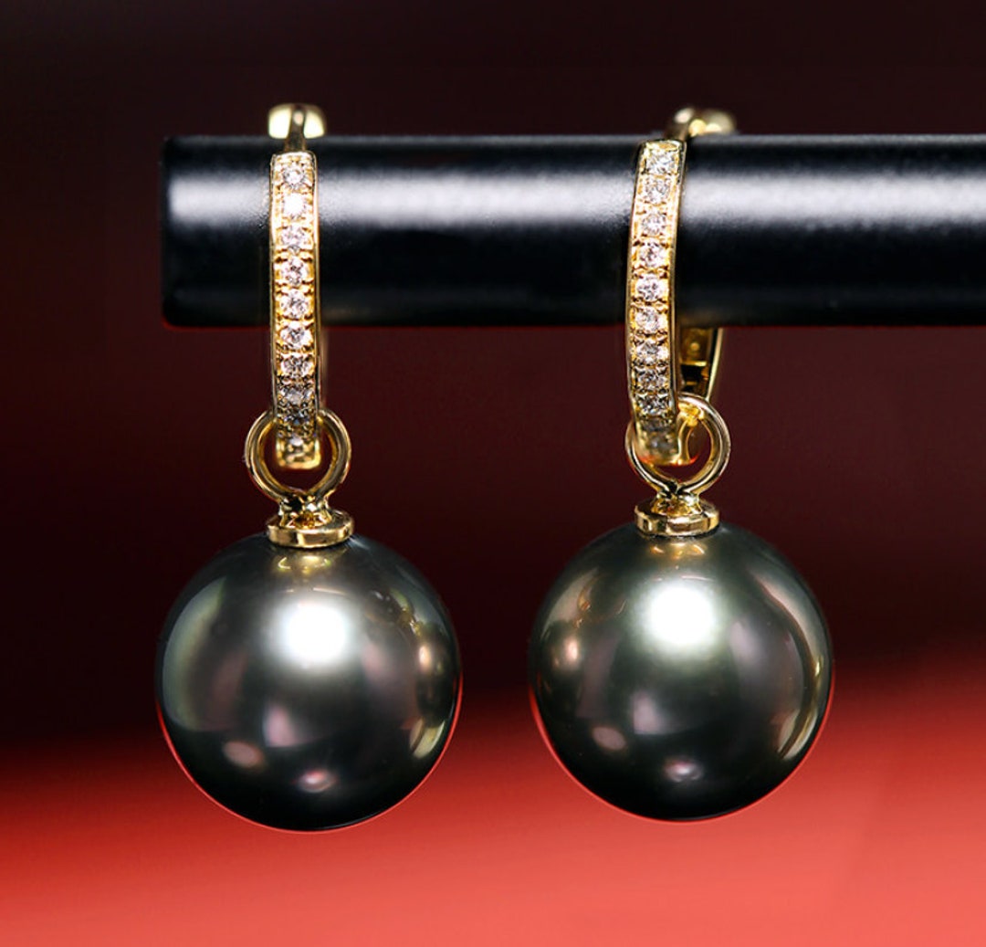 10mm Natural Tahitian Pearls & White Diamond 18K Solid Yellow - Etsy