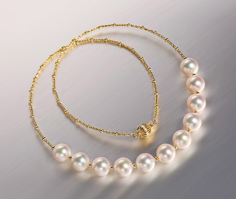 Natural Akoya Pearl 9mm Handmade 14K Yellow Solid Gold Necklace,