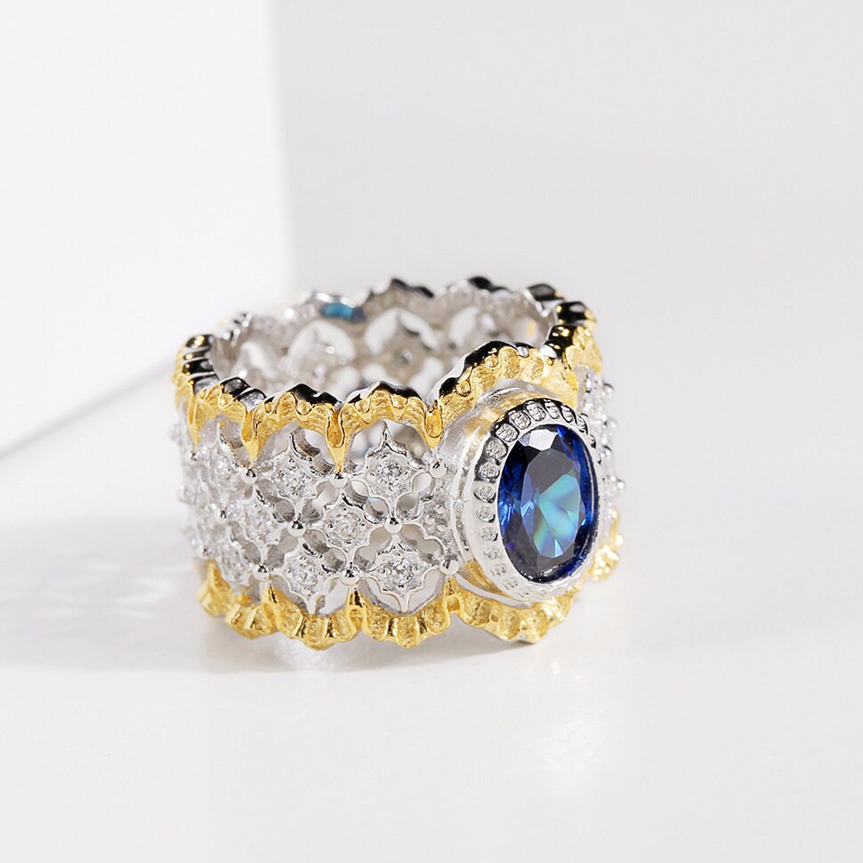 18k Gold Plated Vermeil & Blue CZ Diamond Ring Handmade | Etsy